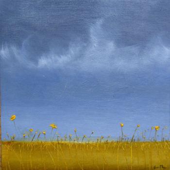 Peinture contemporaine, Paysage abstrait floral, jaune,huile 