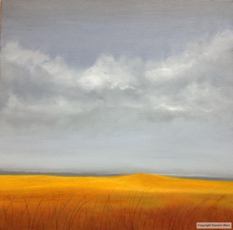 Tableau peinture contemporaine,Dune,herbe, paysage, ciel,huile,jaune