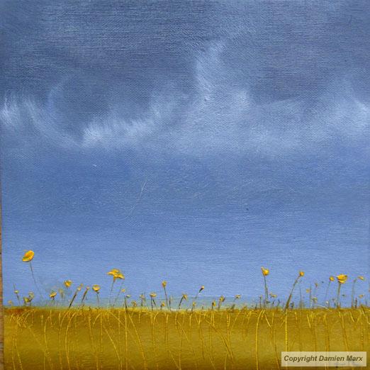 Tableau peinture contemporaine,Paysage abstrait floral,champ, fleurs, jaune, ciel, ,huile,jaune