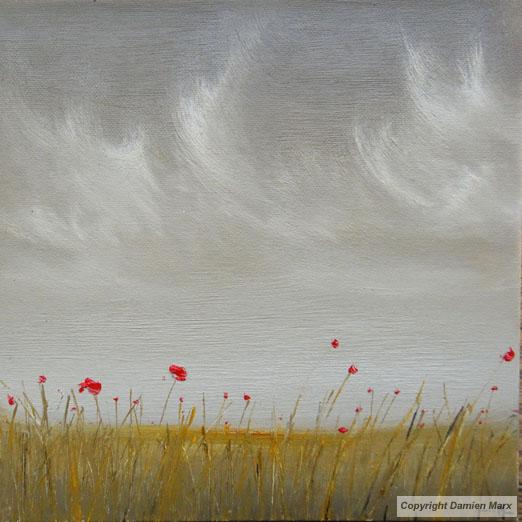Tableau peinture contemporaine,Paysage fleur,champ, fleurs, rouge, ciel, herbe,huile,gris